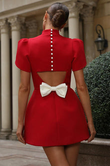 Charlie® | Short sleeve, backless mini dress with slit and detachable satin bow