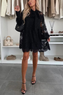 Iliana® | Night Rose A-line mini dress with lace bow and long balloon sleeves