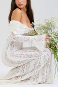 Leila® | Off Shoulder Floral Lace Flared Sleeve Fishtail Maxi Dress - White