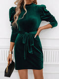 Noemí® | Mini dress with stand-up collar, tie waist and puff sleeves