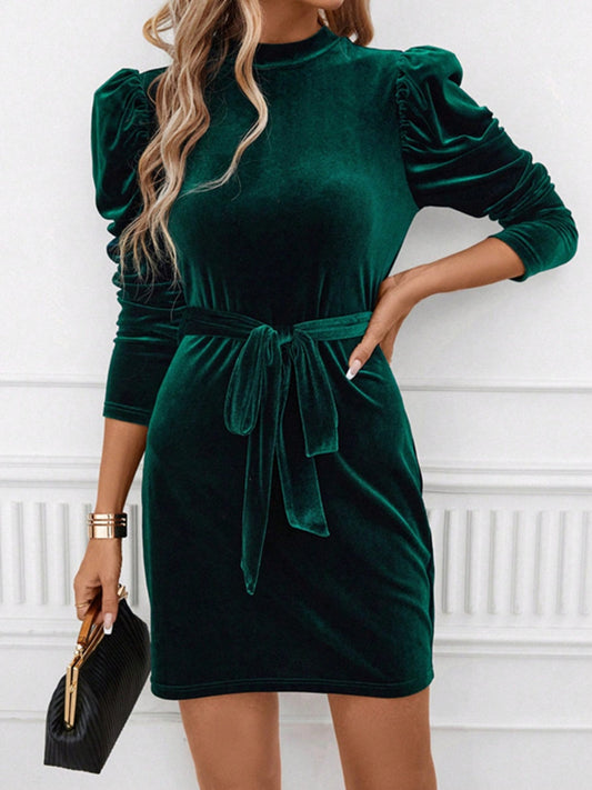 Noemí® | Mini dress with stand-up collar, tie waist and puff sleeves