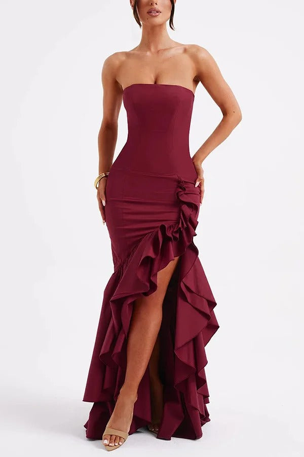 Lindsay® | Sexy off-shoulder maxi dress with a slim fit and irregular hem