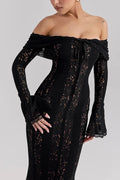 Leila® | Off Shoulder Floral Lace Flared Sleeve Fishtail Maxi Dress - White