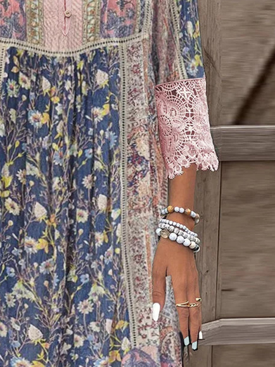 Greta | Full size printed dress with three quarter length sleeves and lace detail
