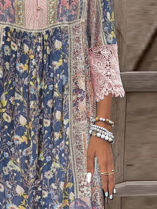Greta | Full size printed dress with three quarter length sleeves and lace detail