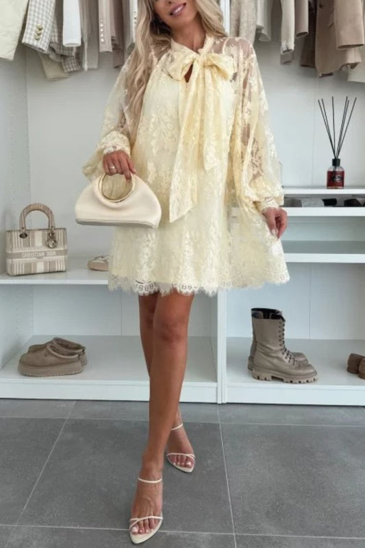Iliana® | Night Rose A-line mini dress with lace bow and long balloon sleeves