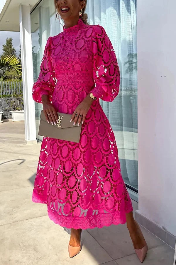Francisca® | Romantic, sensual and elegant party midi dress with crochet lace and lantern sleeves