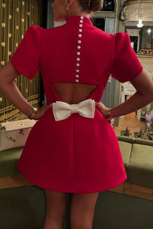 Charlie® | Short sleeve, backless mini dress with slit and detachable satin bow