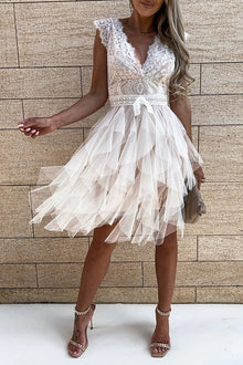 Gabriela® | Sleeveless layered lace midi dress with V-neck