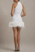 Kate® | Iridescent and playful stretch mini dress with high neck sequin trim and feather trim