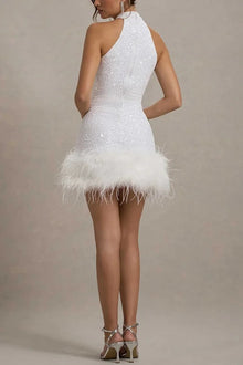 Kate® | Iridescent and playful stretch mini dress with high neck sequin trim and feather trim
