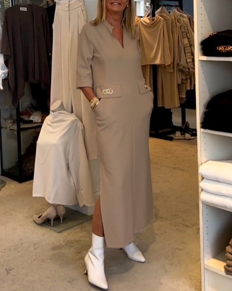 Magaly® | Solid Color Slit Dress With 3/4 Sleeves