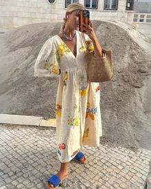 Addison® | Elegant Oversized V-Neck Dress For Women In Beige