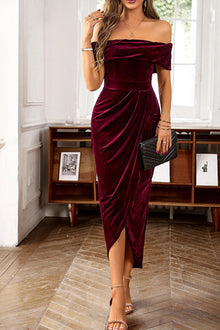 Marcella® | Off shoulder red dahlia velvet party dress