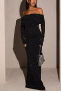 Juniper® | Black sequin off shoulder maxi dress