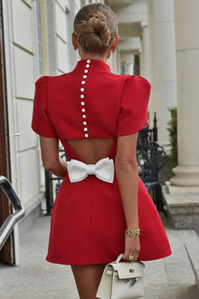 Charlie® | Short sleeve, backless mini dress with slit and detachable satin bow