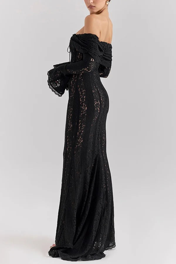 Leila® | Off Shoulder Floral Lace Flared Sleeve Fishtail Maxi Dress - White