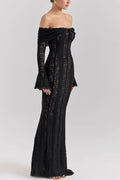 Leila® | Off Shoulder Floral Lace Flared Sleeve Fishtail Maxi Dress - White
