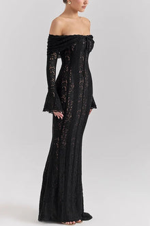 Leila® | Off Shoulder Floral Lace Flared Sleeve Fishtail Maxi Dress - White