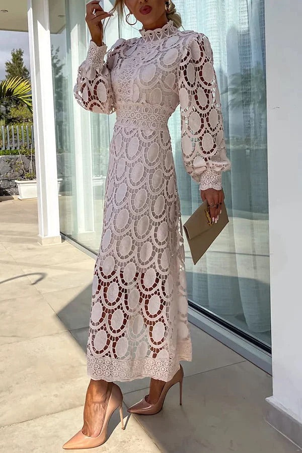 Francisca® | Romantic, sensual and elegant party midi dress with crochet lace and lantern sleeves