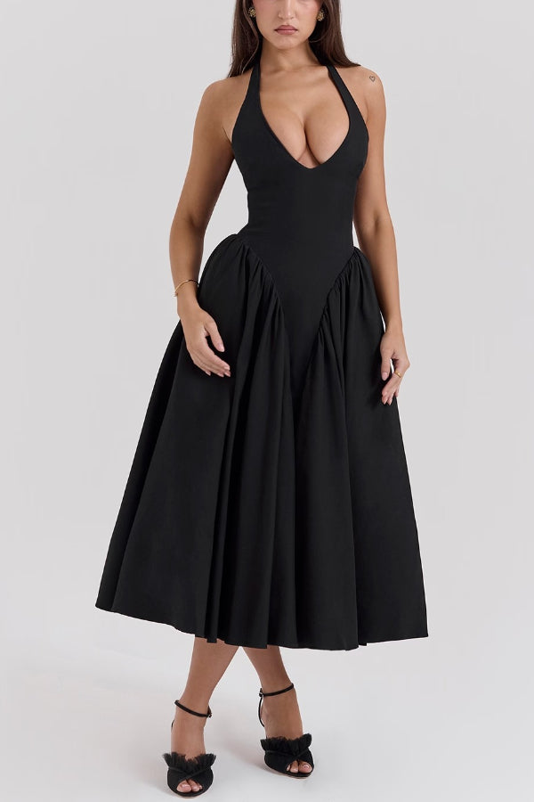 Lilly® | Solid A-line halter midi dresses with deep V-neck