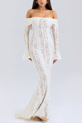 Leila® | Off Shoulder Floral Lace Flared Sleeve Fishtail Maxi Dress - White