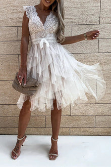 Gabriela® | Sleeveless layered lace midi dress with V-neck