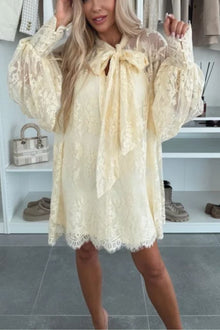 Iliana® | Night Rose A-line mini dress with lace bow and long balloon sleeves
