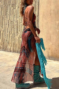 Griselda® | Midi dress with a unique gypsy style print, cowl neckline at the back, lace-up fastening and slit
