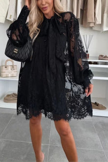 Iliana® | Night Rose A-line mini dress with lace bow and long balloon sleeves