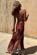 Griselda® | Midi dress with a unique gypsy style print, cowl neckline at the back, lace-up fastening and slit
