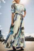 Sandy® | Unique printed bohemian short sleeve one shoulder maxi dress