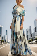 Sandy® | Unique printed bohemian short sleeve one shoulder maxi dress