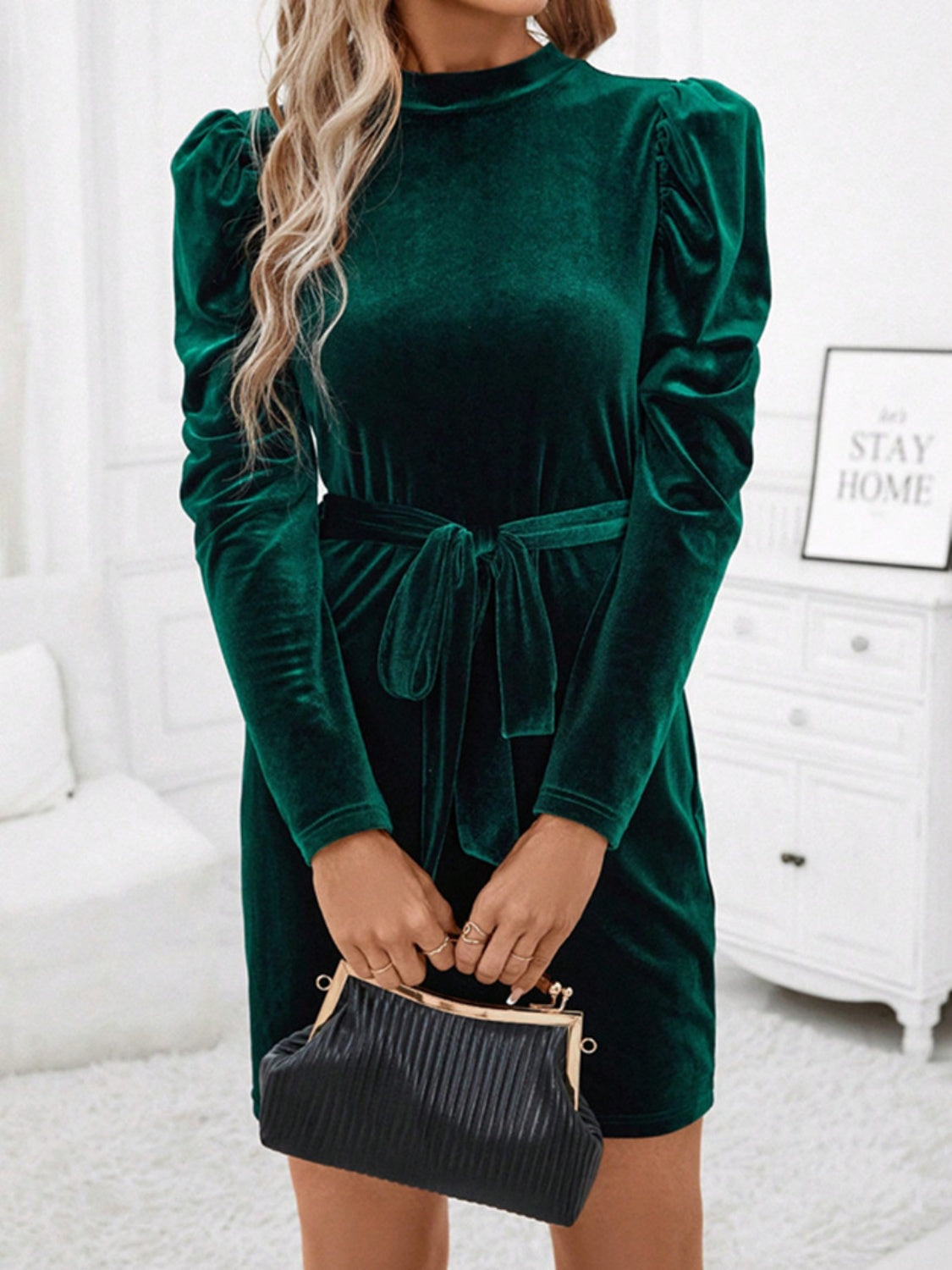Noemí® | Mini dress with stand-up collar, tie waist and puff sleeves