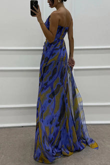 Renee® | Amazing Views off shoulder pleated slit maxi dress with feather rose detail in watercolor print