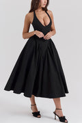 Lilly® | Solid A-line halter midi dresses with deep V-neck
