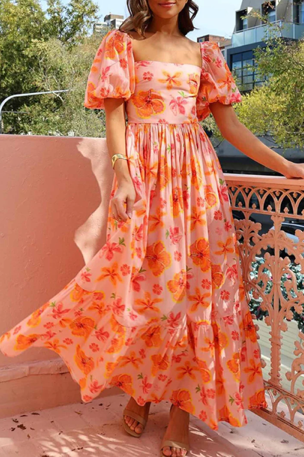 Yelena® | Printed ruched A-line dress with puff sleeves