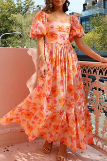Yelena® | Printed ruched A-line dress with puff sleeves