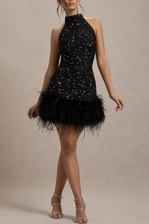 Kate® | Iridescent and playful stretch mini dress with high neck sequin trim and feather trim