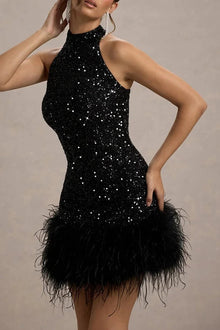 Kate® | Iridescent and playful stretch mini dress with high neck sequin trim and feather trim