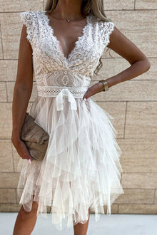 Gabriela® | Sleeveless layered lace midi dress with V-neck