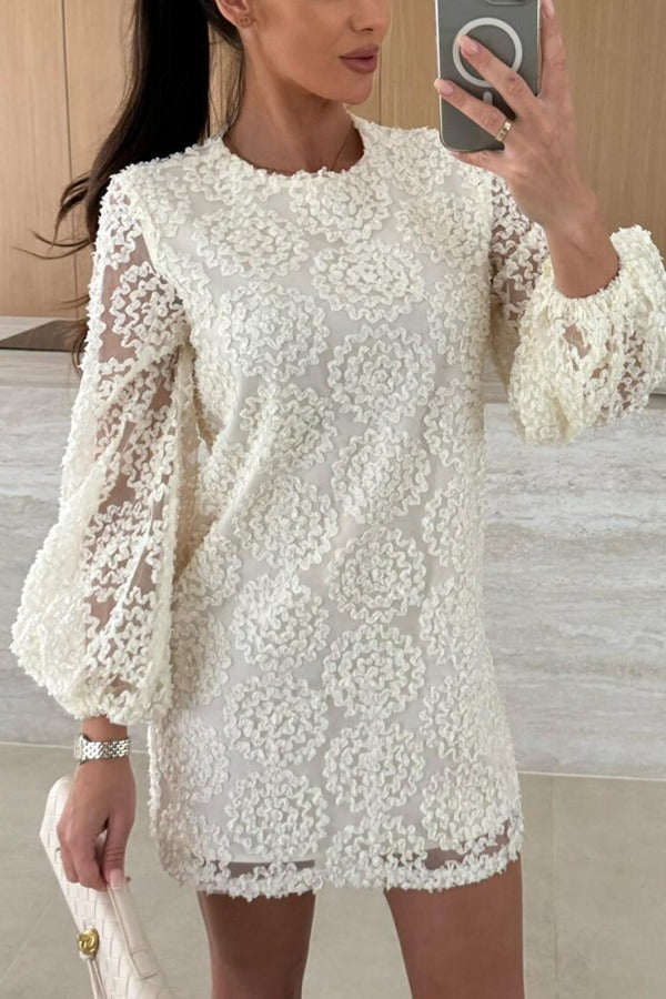 Kimberly® | Loose mini dress with balloon sleeves made from lace-textured fabric