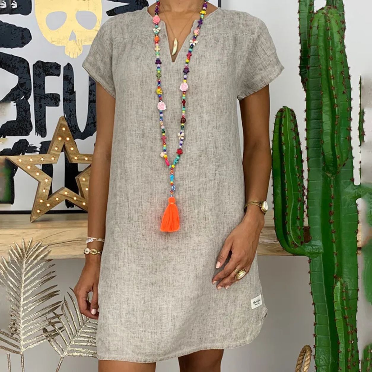 Peach Solid V-Neck Boho Sundress
