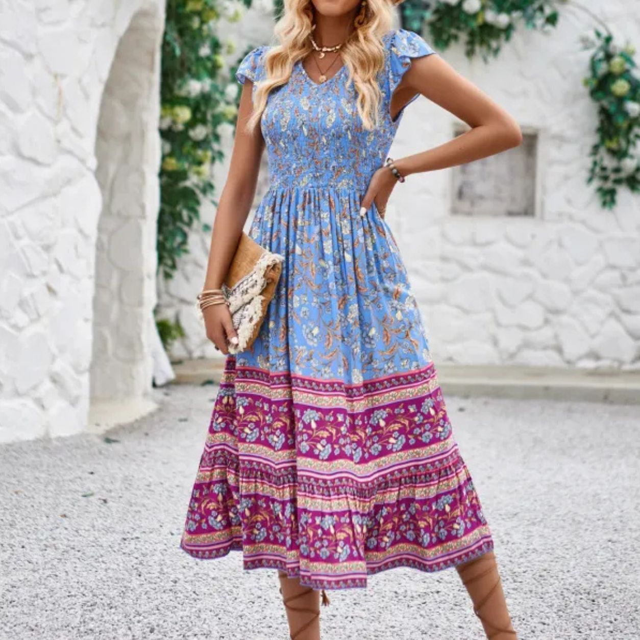 Lucia Floral V-Neck Ruffle Beach Dress