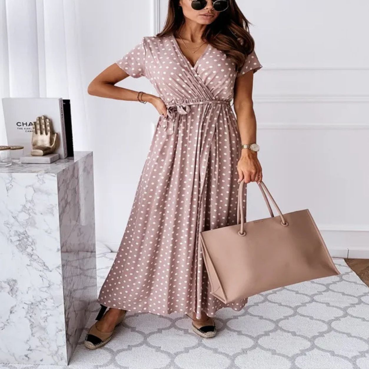 Eden V-neck Bohemian Polka Dot Print Dress