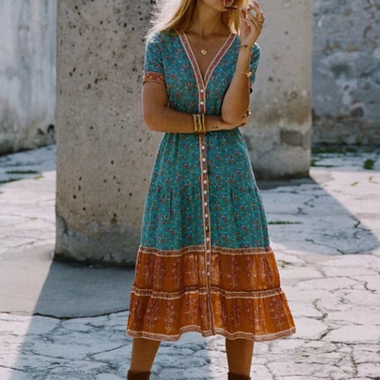 Nala Boho Embroidered Midi Dress