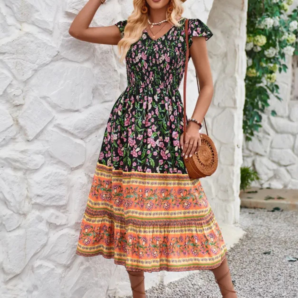 Lucia Floral V-Neck Ruffle Beach Dress