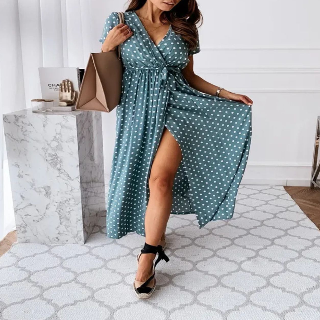 Eden V-neck Bohemian Polka Dot Print Dress