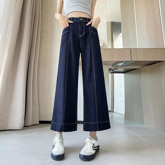 Double-Stitch Wide-Leg Ankle Denim Pants