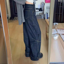 Women’s Retro Turn-Over Button Wide-Leg Denim Pants